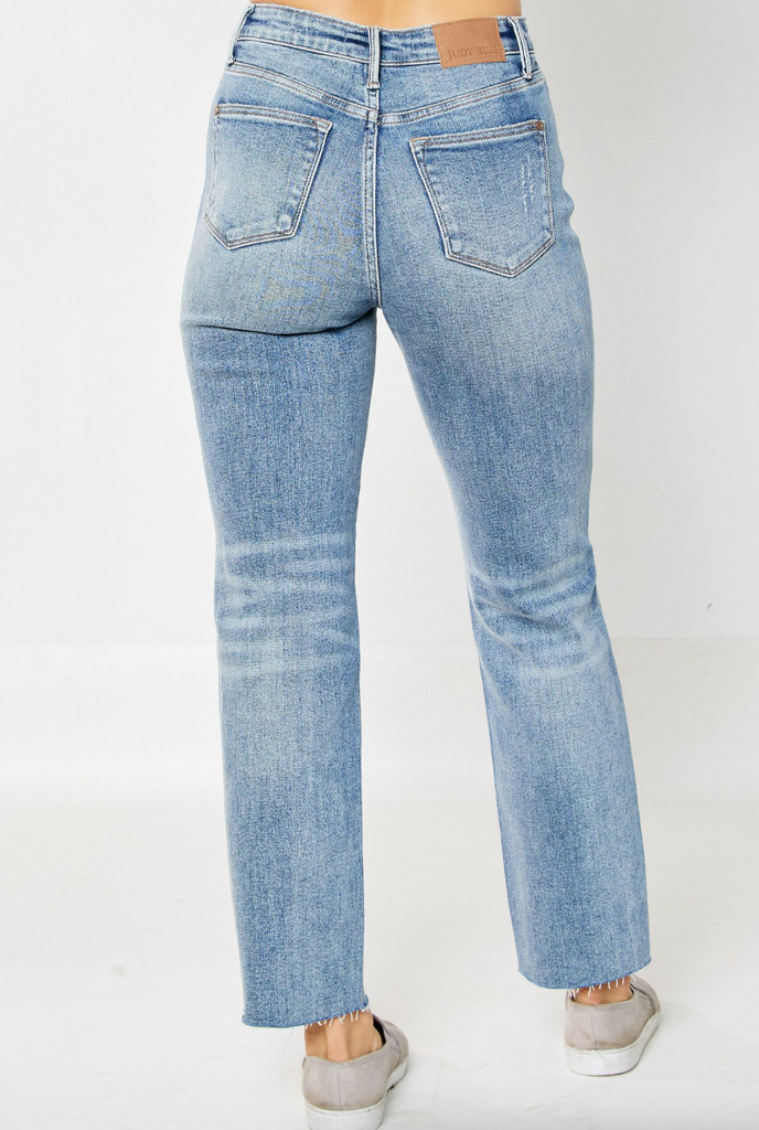 Judy Blue Rigid Magic Destroyed Straight Leg Jeans-Denim-Judy Blue-Three Birdies Boutique, Women's Fashion Boutique Located in Kearney, MO