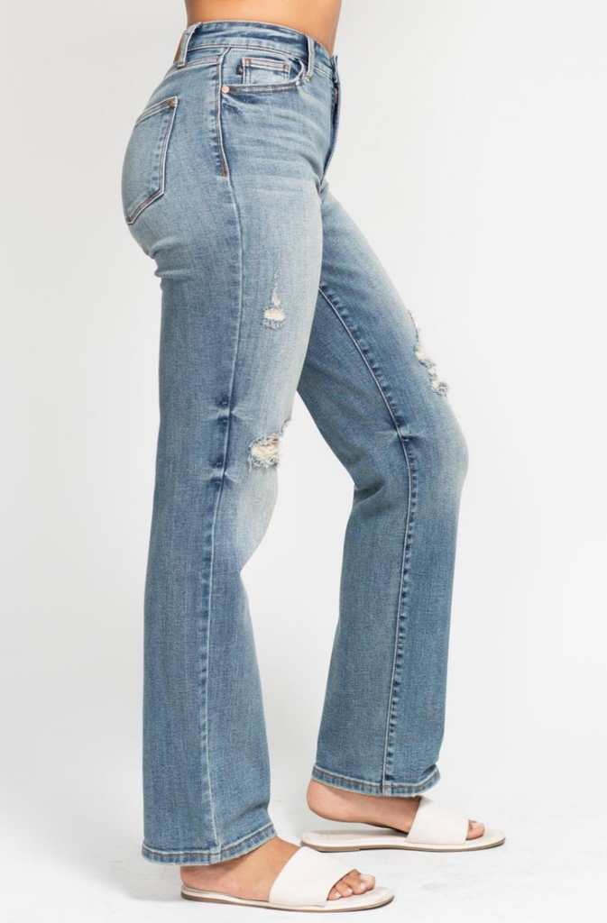 Judy Blue Dad Straight Harsh Tint & Destroy-Denim-Judy Blue-Three Birdies Boutique, Women's Fashion Boutique Located in Kearney, MO