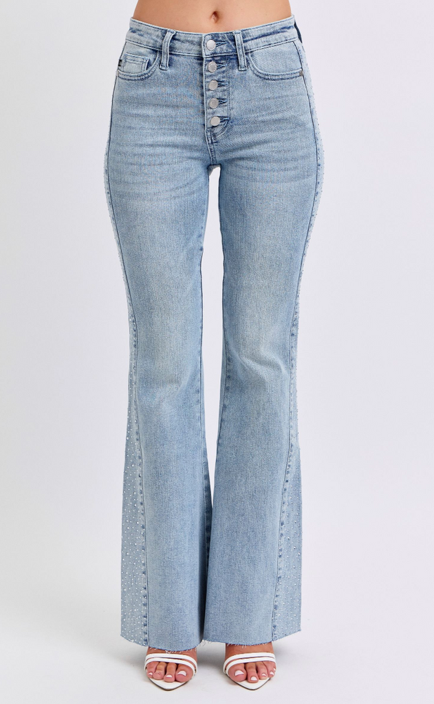 Judy Blue Rhinestone Detail Flare Jean-Denim-Judy Blue-Three Birdies Boutique, Women's Fashion Boutique Located in Kearney, MO