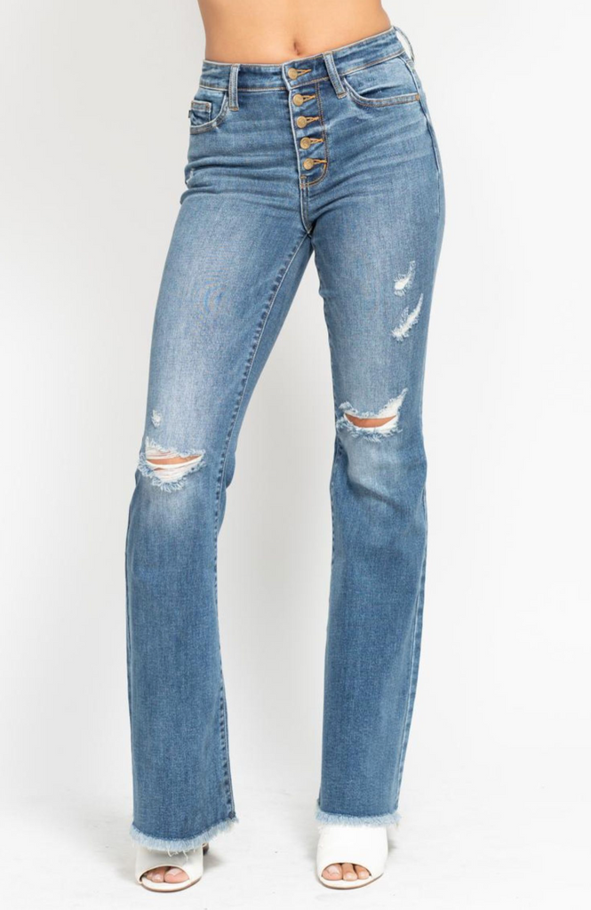 Judy Blue MR Button Flare With Destroy-Denim-Judy Blue-Three Birdies Boutique, Women's Fashion Boutique Located in Kearney, MO