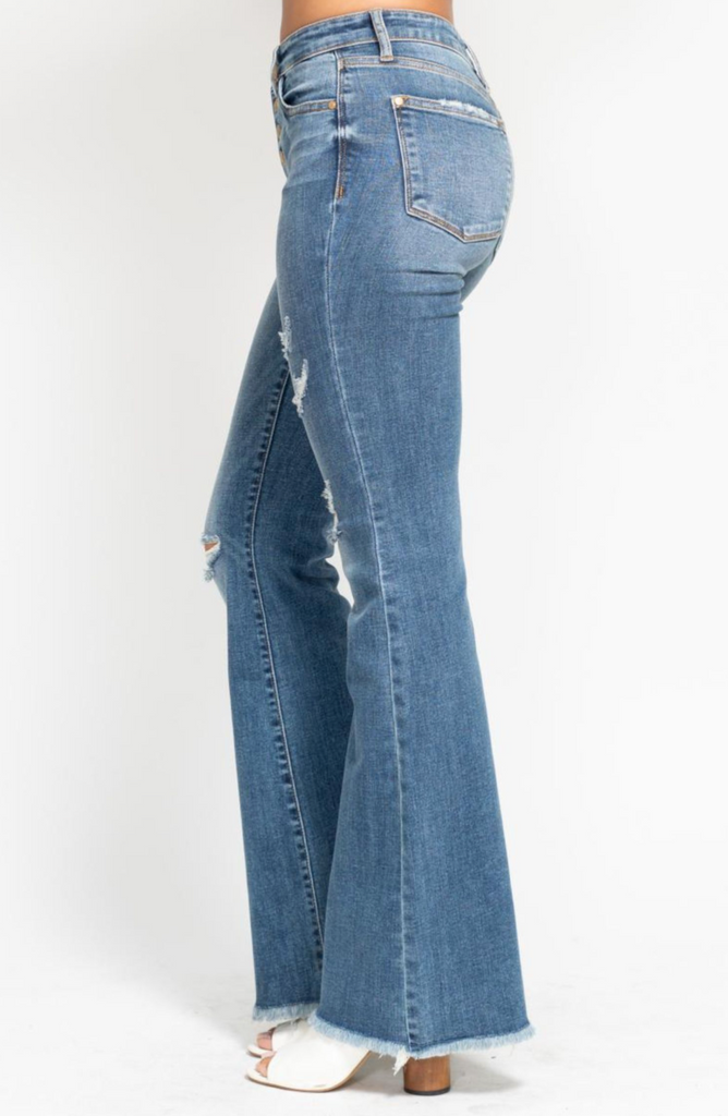 Judy Blue MR Button Flare With Destroy-Denim-Judy Blue-Three Birdies Boutique, Women's Fashion Boutique Located in Kearney, MO
