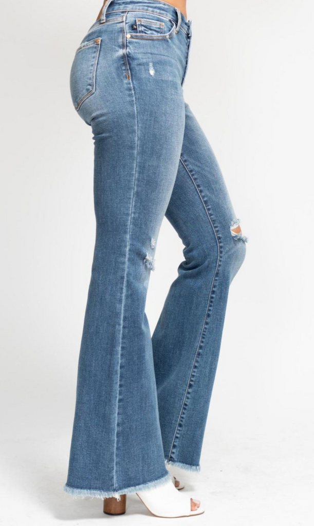 Judy Blue MR Button Flare With Destroy-Denim-Judy Blue-Three Birdies Boutique, Women's Fashion Boutique Located in Kearney, MO