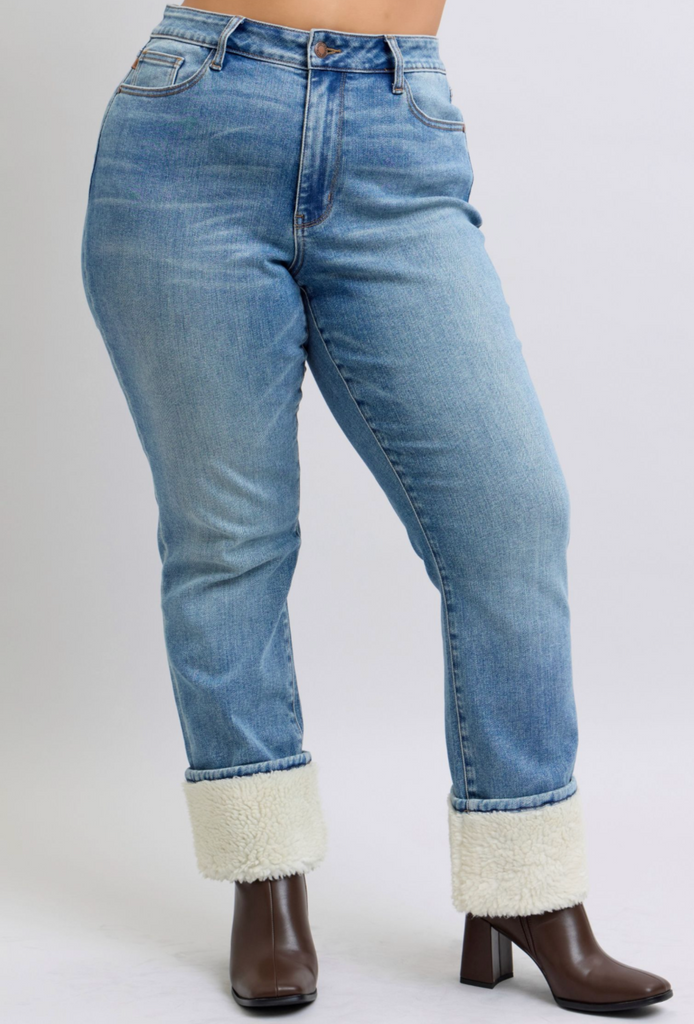 Judy Blue High Waist Shearling Cuff Straight-Denim-Judy Blue-Three Birdies Boutique, Women's Fashion Boutique Located in Kearney, MO