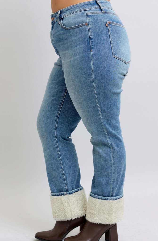 Judy Blue High Waist Shearling Cuff Straight-Denim-Judy Blue-Three Birdies Boutique, Women's Fashion Boutique Located in Kearney, MO