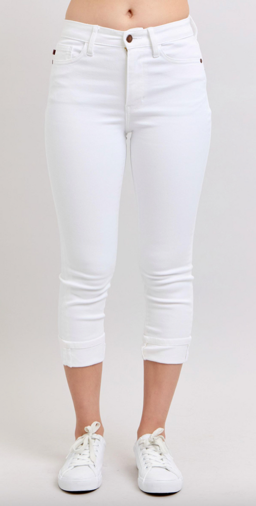 Judy Blue White Cuffed Capri-Denim-Judy Blue-Three Birdies Boutique, Women's Fashion Boutique Located in Kearney, MO