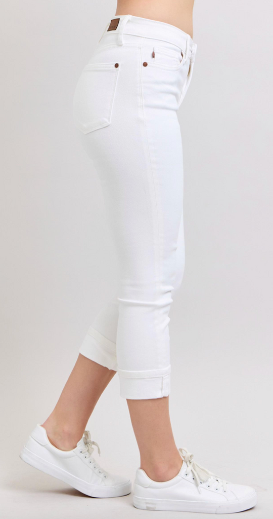 Judy Blue White Cuffed Capri-Denim-Judy Blue-Three Birdies Boutique, Women's Fashion Boutique Located in Kearney, MO