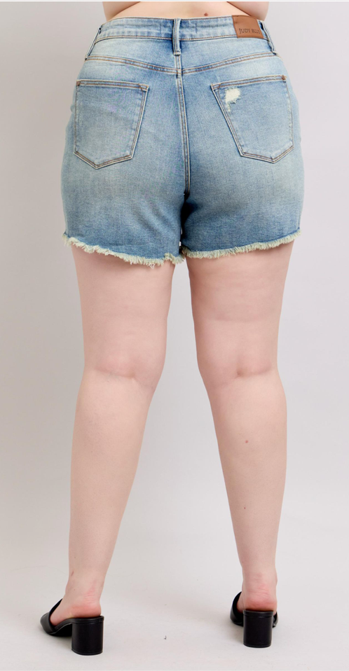 Judy Blue HW Vintage Fly Stitch Destroy Shorts { product_type }}