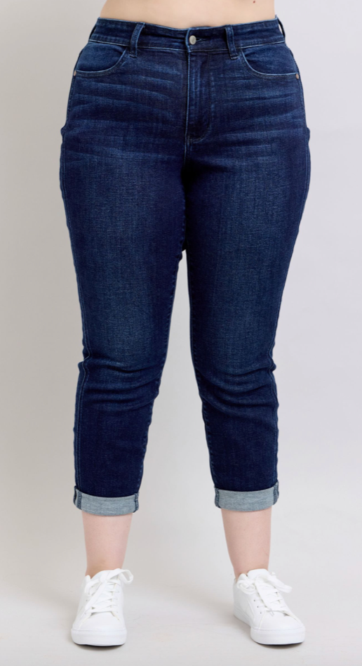 Judy Blue Dark Wash Boyfriend Cuffed-Denim-Judy Blue-Three Birdies Boutique, Women's Fashion Boutique Located in Kearney, MO