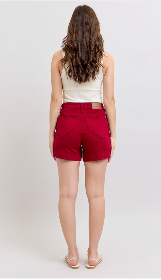 Judy Blue TC Scarlet Heart Shaped Pocket Shorts-Shorts-Judy Blue-Three Birdies Boutique, Women's Fashion Boutique Located in Kearney, MO