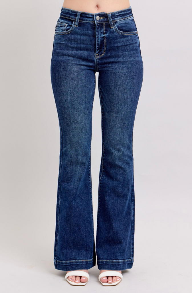 Judy Blue HW Trouser Flare Dark-Denim-Judy Blue-Three Birdies Boutique, Women's Fashion Boutique Located in Kearney, MO