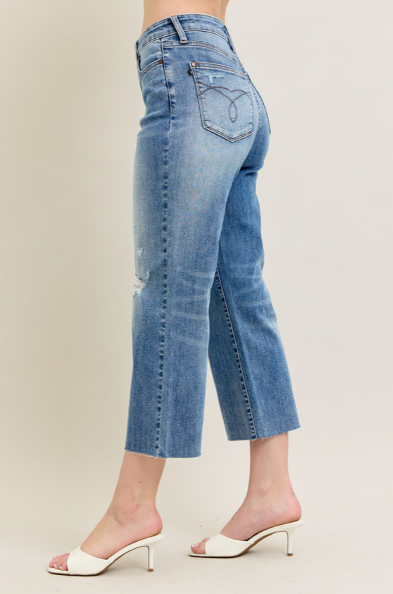 Judy Blue HW Back Pocket Embroidery Crop Destroy-Denim-Judy Blue-Three Birdies Boutique, Women's Fashion Boutique Located in Kearney, MO