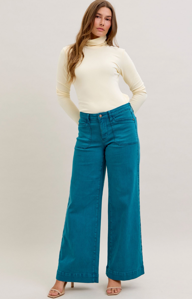 Judy Blue Mid Rise Utility Wide Teal-Denim-Judy Blue-Three Birdies Boutique, Women's Fashion Boutique Located in Kearney, MO