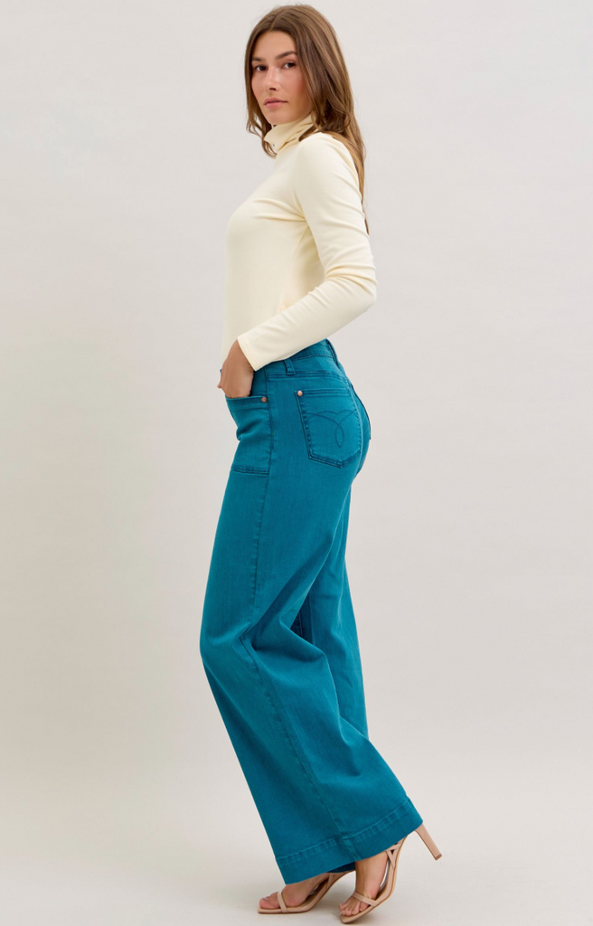 Judy Blue Mid Rise Utility Wide Teal-Denim-Judy Blue-Three Birdies Boutique, Women's Fashion Boutique Located in Kearney, MO