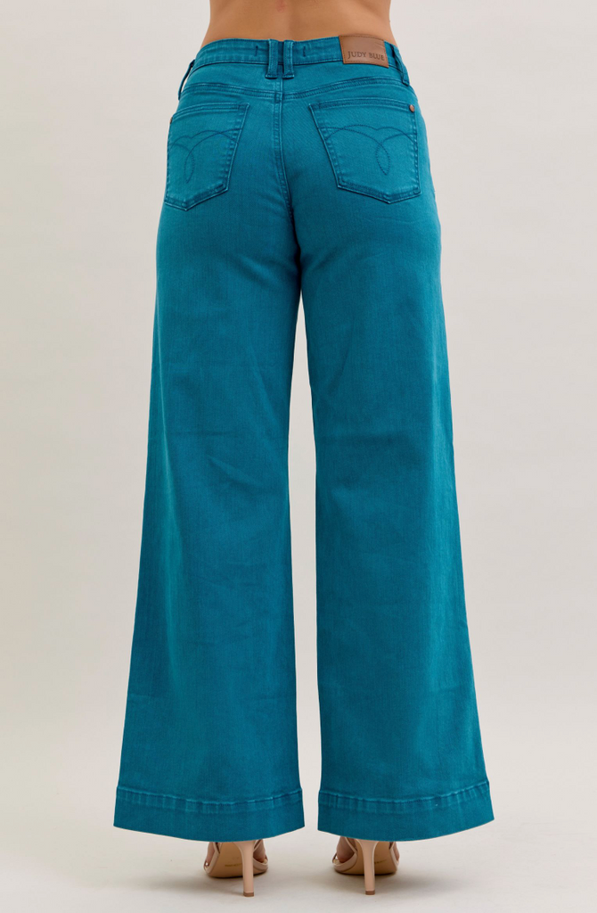 Judy Blue Mid Rise Utility Wide Teal-Denim-Judy Blue-Three Birdies Boutique, Women's Fashion Boutique Located in Kearney, MO