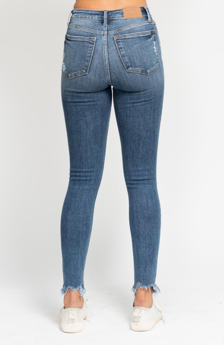 HW Skinny w/ Destroy & Shark Bit Hem-Denim-Judy Blue-Three Birdies Boutique, Women's Fashion Boutique Located in Kearney, MO