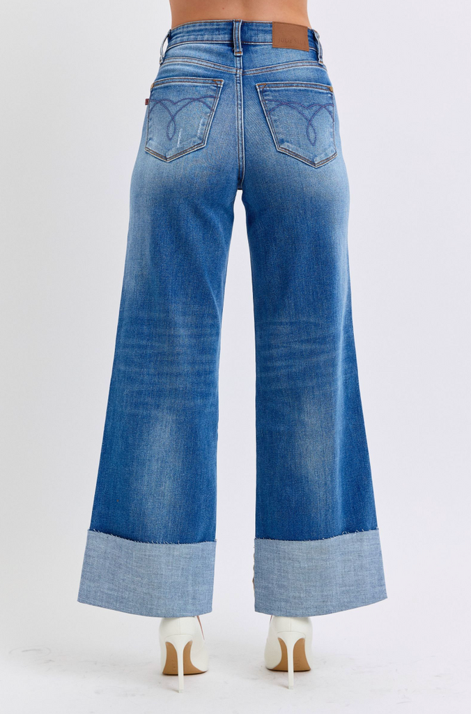 Judy Blue HW Cuffed Retro Wide Leg Jeans-Denim-Judy Blue-Three Birdies Boutique, Women's Fashion Boutique Located in Kearney, MO