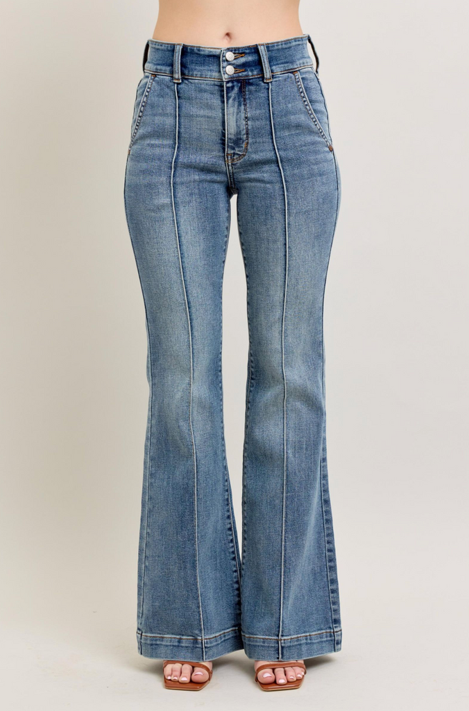 Judy Blue HW Trouser Flare Medium Wash-Denim-Judy Blue-Three Birdies Boutique, Women's Fashion Boutique Located in Kearney, MO