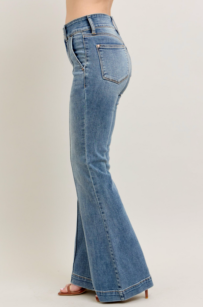 Judy Blue HW Trouser Flare Medium Wash-Denim-Judy Blue-Three Birdies Boutique, Women's Fashion Boutique Located in Kearney, MO