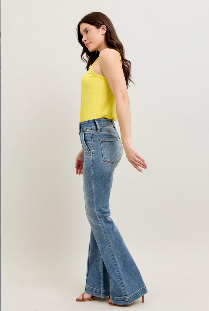 Judy Blue HW Trouser Flare Medium Wash-Denim-Judy Blue-Three Birdies Boutique, Women's Fashion Boutique Located in Kearney, MO