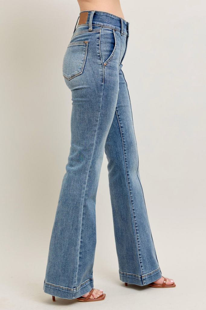 Judy Blue HW Trouser Flare Medium Wash-Denim-Judy Blue-Three Birdies Boutique, Women's Fashion Boutique Located in Kearney, MO