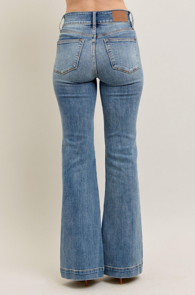 Judy Blue HW Trouser Flare Medium Wash-Denim-Judy Blue-Three Birdies Boutique, Women's Fashion Boutique Located in Kearney, MO