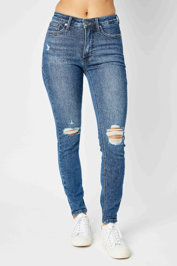 Judy Blue Mid-Rise TC Destroy Skinny Jeans-Denim-Judy Blue-Three Birdies Boutique, Women's Fashion Boutique Located in Kearney, MO