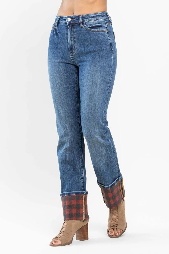 Judy Blue Buffalo Plaid Cuff Straight Leg-Denim-Judy Blue-Three Birdies Boutique, Women's Fashion Boutique Located in Kearney, MO