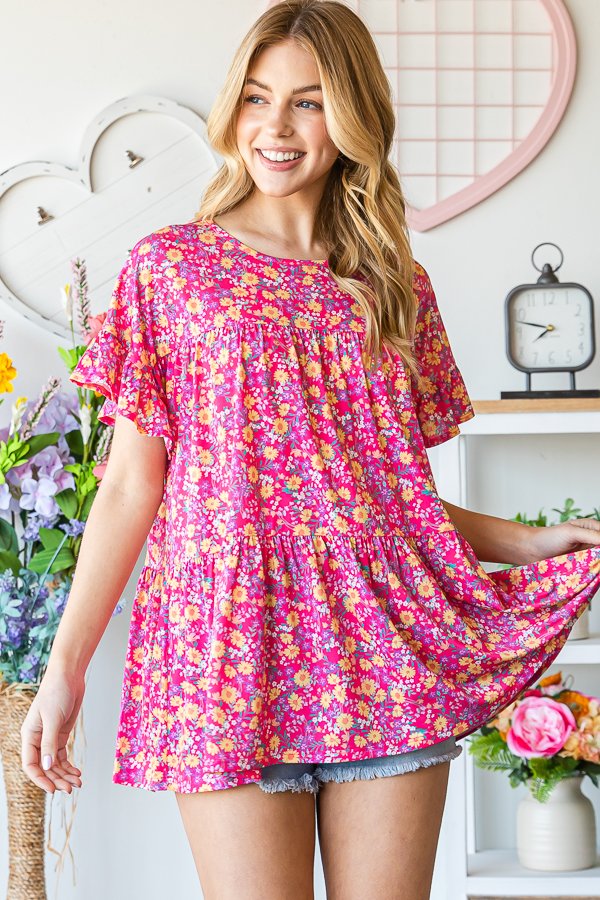 Tiered Fuchsia Floral Top-Shirts & Tops-Heimish-Three Birdies Boutique, Women's Fashion Boutique Located in Kearney, MO