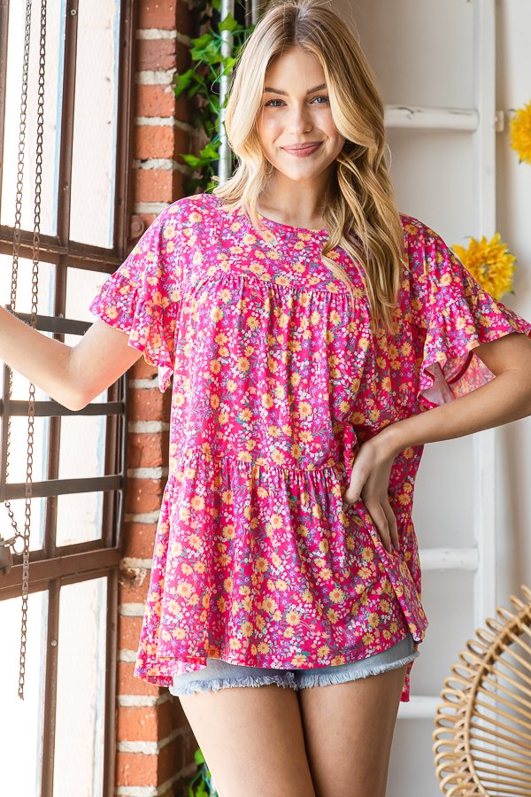 Tiered Fuchsia Floral Top-Shirts & Tops-Heimish-Three Birdies Boutique, Women's Fashion Boutique Located in Kearney, MO