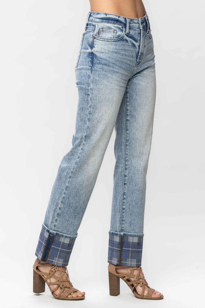 Judy Blue Vintage Plaid Cuff Straight Leg-Denim-Judy Blue-Three Birdies Boutique, Women's Fashion Boutique Located in Kearney, MO