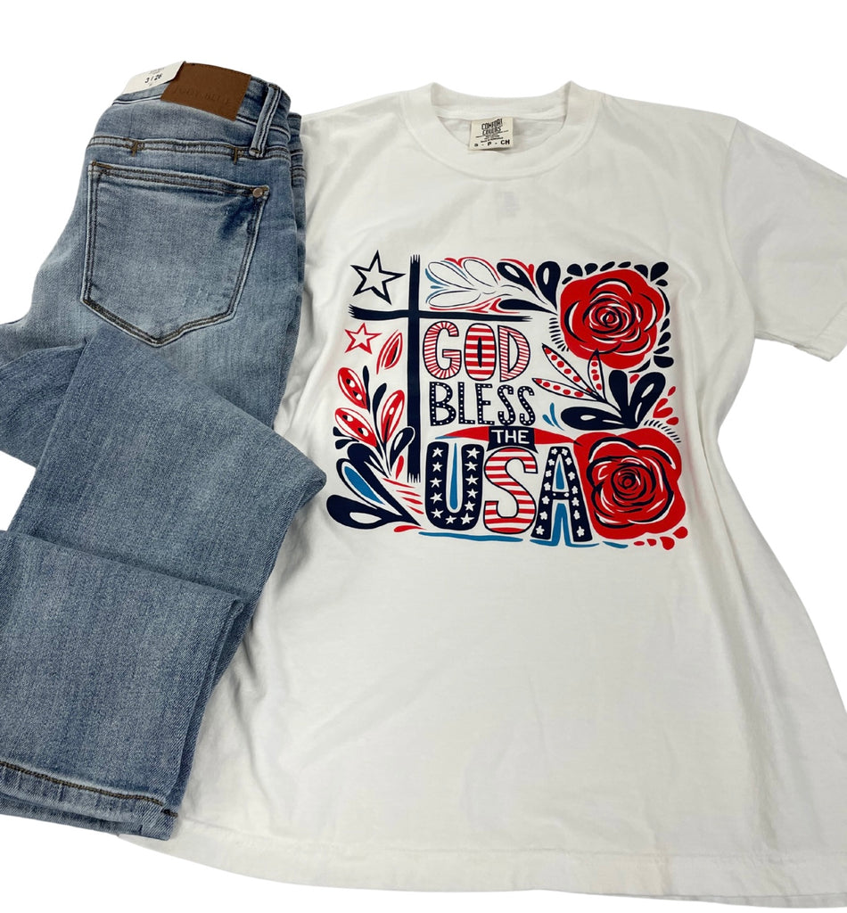 God Bless USA Graphic Tee-Graphic Tees-Tres Birdos Graphic Tees-Three Birdies Boutique, Women's Fashion Boutique Located in Kearney, MO