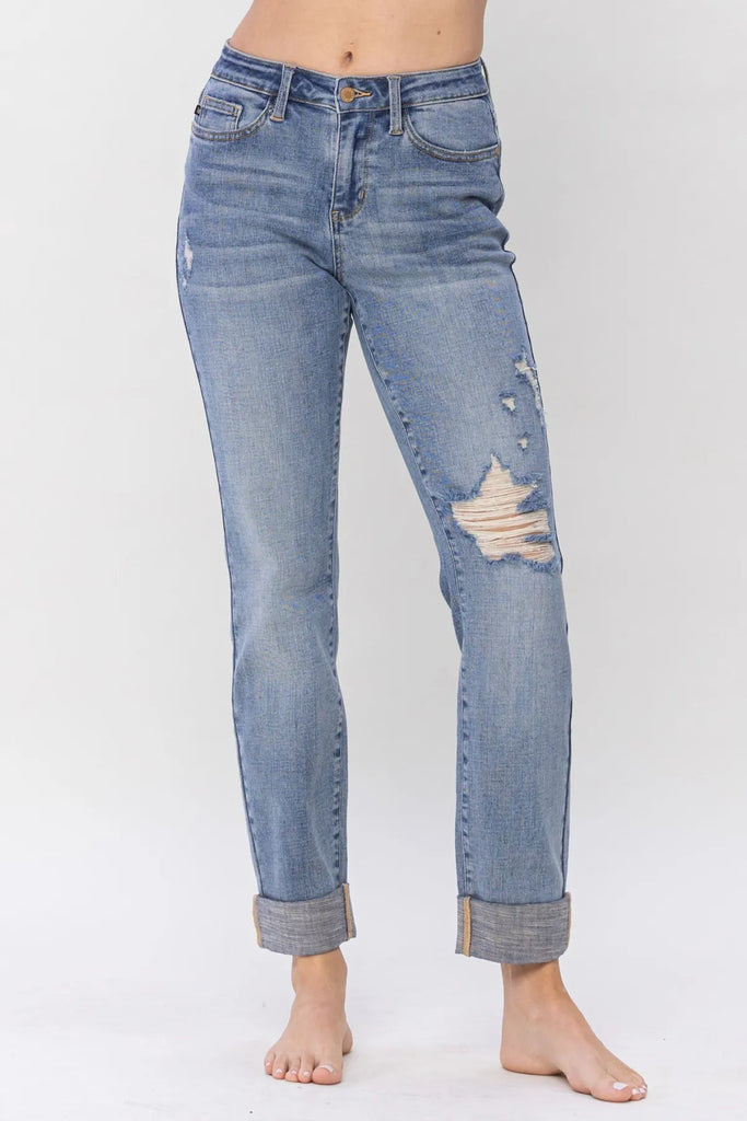 Judy Blue Destroy Knee & Cuffed Boyfriend-Denim-Judy Blue-Three Birdies Boutique, Women's Fashion Boutique Located in Kearney, MO