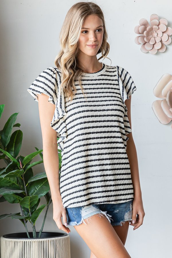 Ruffle Sleeve Round Neck Top-Blouses-HEIMISH-Three Birdies Boutique, Women's Fashion Boutique Located in Kearney, MO