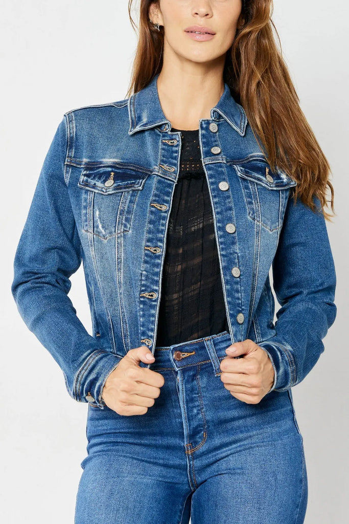 Judy Blue Classic Destroy Denim Jacket-Denim Jacket-Judy Blue-Three Birdies Boutique, Women's Fashion Boutique Located in Kearney, MO