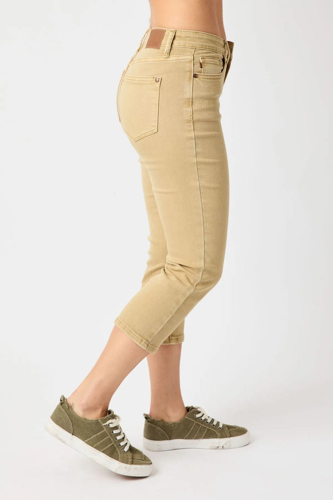 Judy Blue MR Garment Dyed Khaki Capri-Denim-Judy Blue-Three Birdies Boutique, Women's Fashion Boutique Located in Kearney, MO