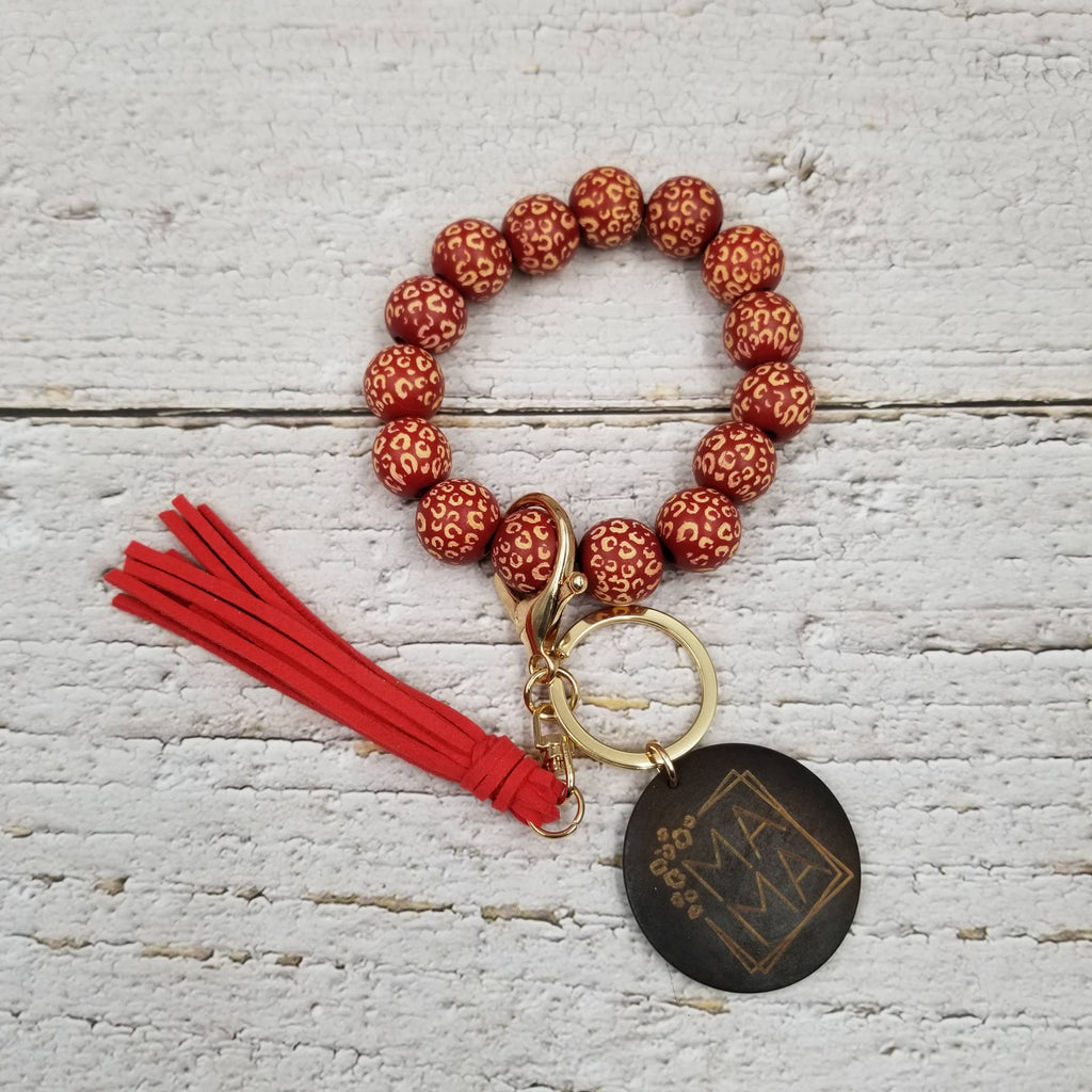 MAMA Leopard Wood Bead Bracelet Keychain: Red-Treasure Wholesale-Three Birdies Boutique, Women's Fashion Boutique Located in Kearney, MO