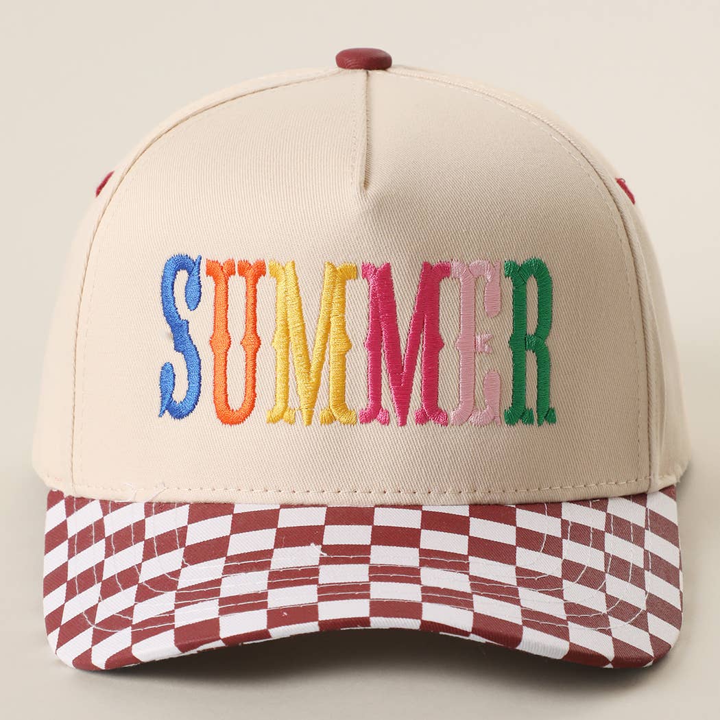 SUMMER Embroidered Checkered Brim Trucker Hat: BLUE / ONE SIZE { product_type }}
