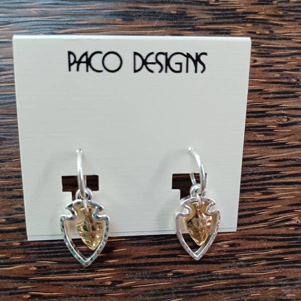 Dainty Hammered Two Tone Arrowhead Hoop Earrings: Yellow Gold-Paco Designs-Three Birdies Boutique, Women's Fashion Boutique Located in Kearney, MO