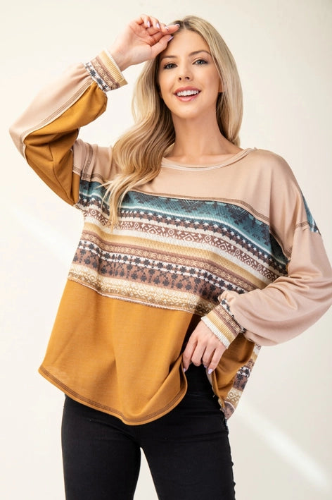 Color Block Aztec Print Top-Shirts & Tops-Celeste Clothing-Three Birdies Boutique, Women's Fashion Boutique Located in Kearney, MO