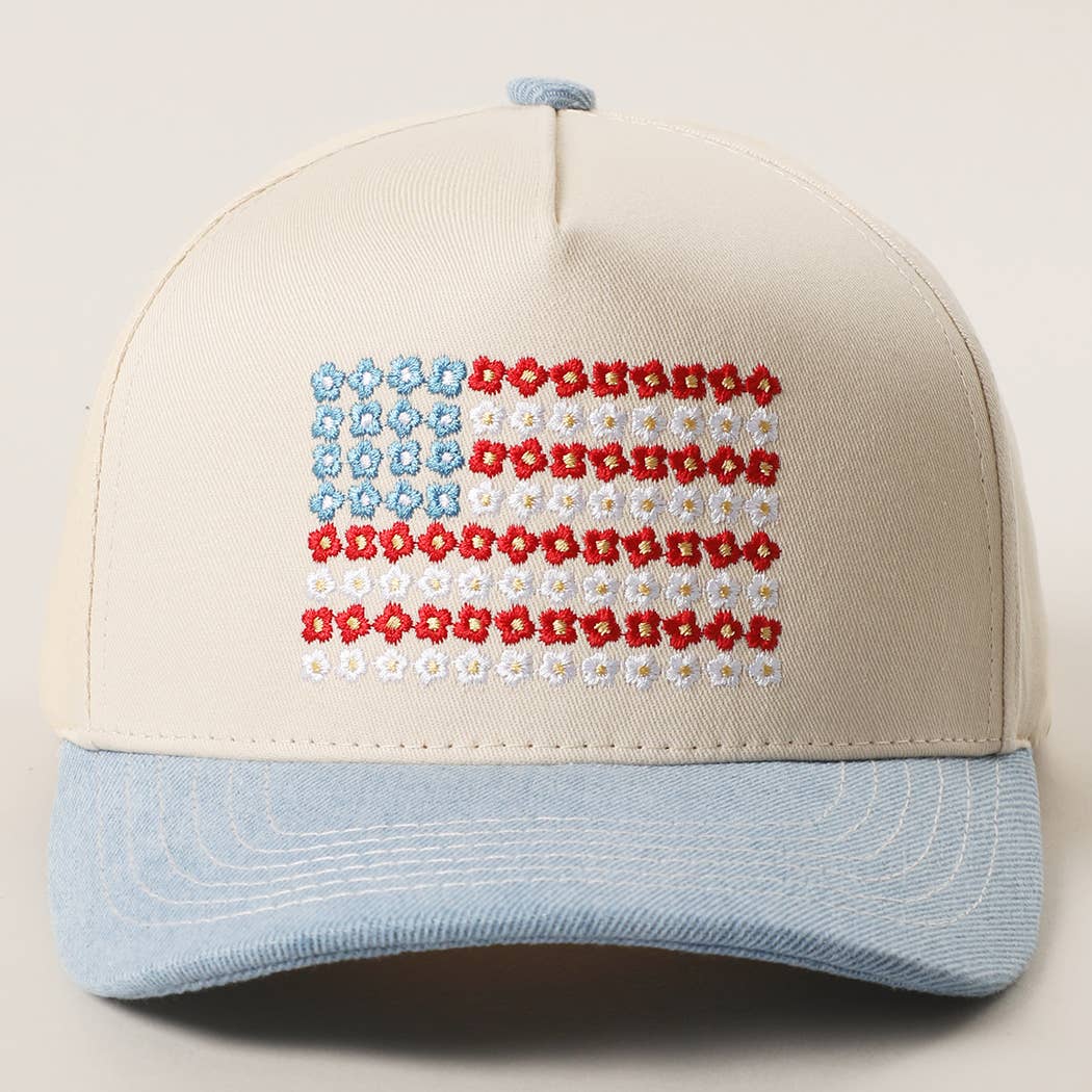 Floral American Flag Embroidered Two-Tone Denim Trucker Hat: LT DENIM / ONE SIZE { product_type }}