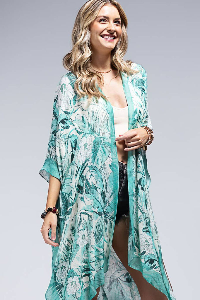 Sharon Flower Print Kimono: White Teal / OS-Urbanista-Three Birdies Boutique, Women's Fashion Boutique Located in Kearney, MO