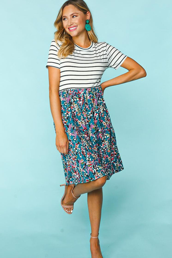 Striped Floral Pattern Dress-Shirts & Tops-Haptics by Holly Harper-Three Birdies Boutique, Women's Fashion Boutique Located in Kearney, MO