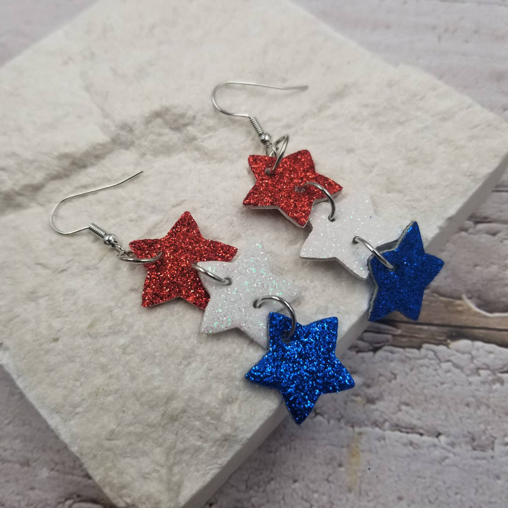 Fourth of July Metallic Stars Leather Drop Earrings-Treasure Wholesale-Three Birdies Boutique, Women's Fashion Boutique Located in Kearney, MO
