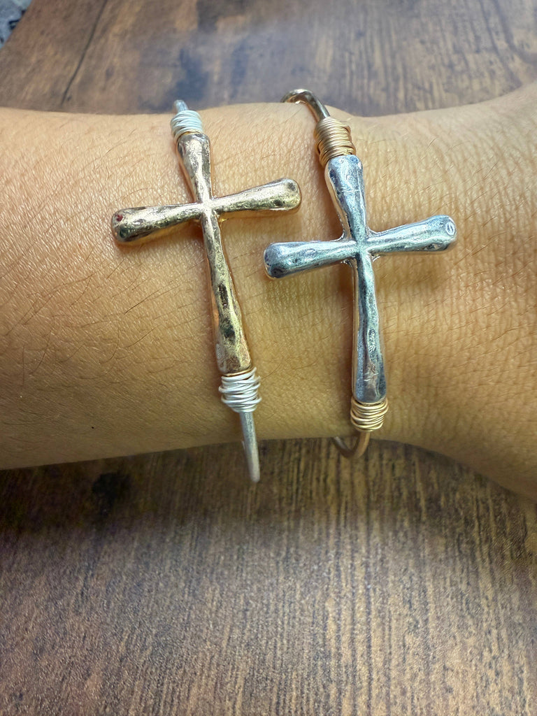 Two-tone Wire Wrapped Cross Bangle Bracelet : Silver-Paco Designs-Three Birdies Boutique, Women's Fashion Boutique Located in Kearney, MO