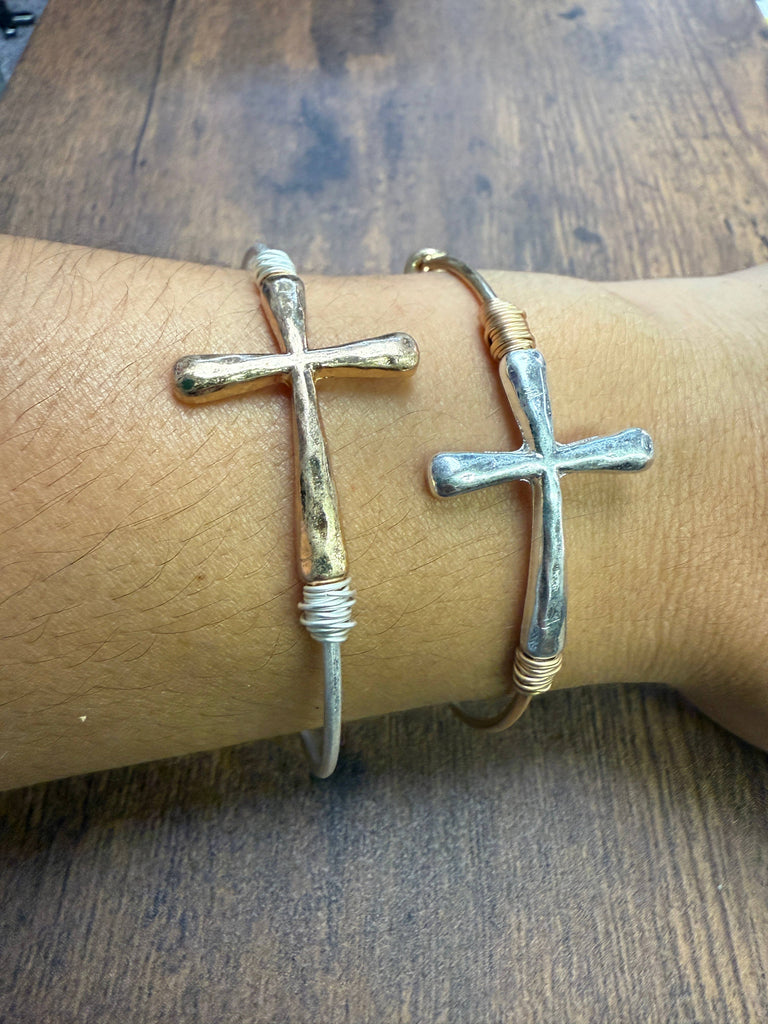 Two-tone Wire Wrapped Cross Bangle Bracelet : Silver-Paco Designs-Three Birdies Boutique, Women's Fashion Boutique Located in Kearney, MO