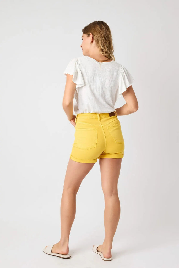 Judy Blue TC Garment Dyed Yellow Shorts-Shorts-Judy Blue-Three Birdies Boutique, Women's Fashion Boutique Located in Kearney, MO