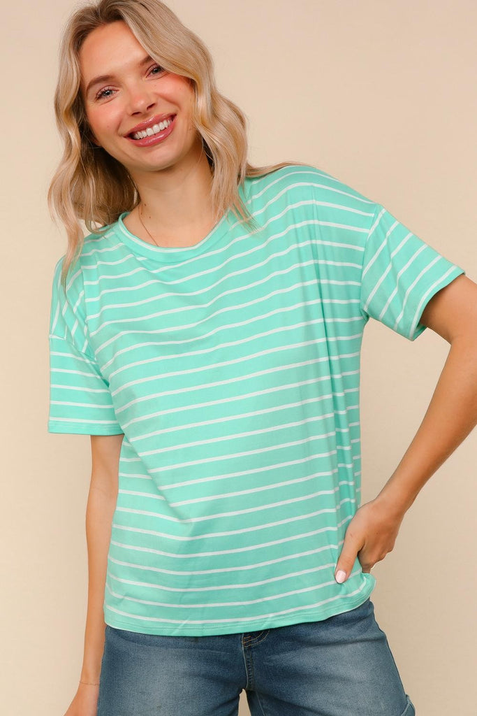 Short Sleeve Stripe Knit Top-Shirts & Tops-Haptics-Three Birdies Boutique, Women's Fashion Boutique Located in Kearney, MO
