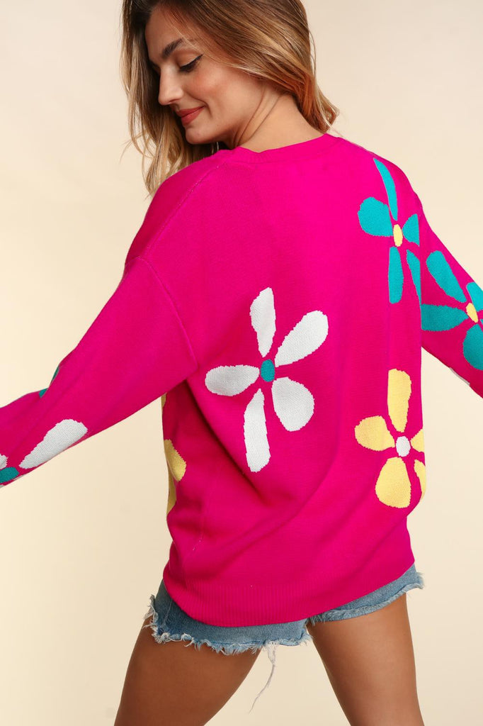 Daisy Flowered Pink Sweater-Outerwear-Haptics-Three Birdies Boutique, Women's Fashion Boutique Located in Kearney, MO