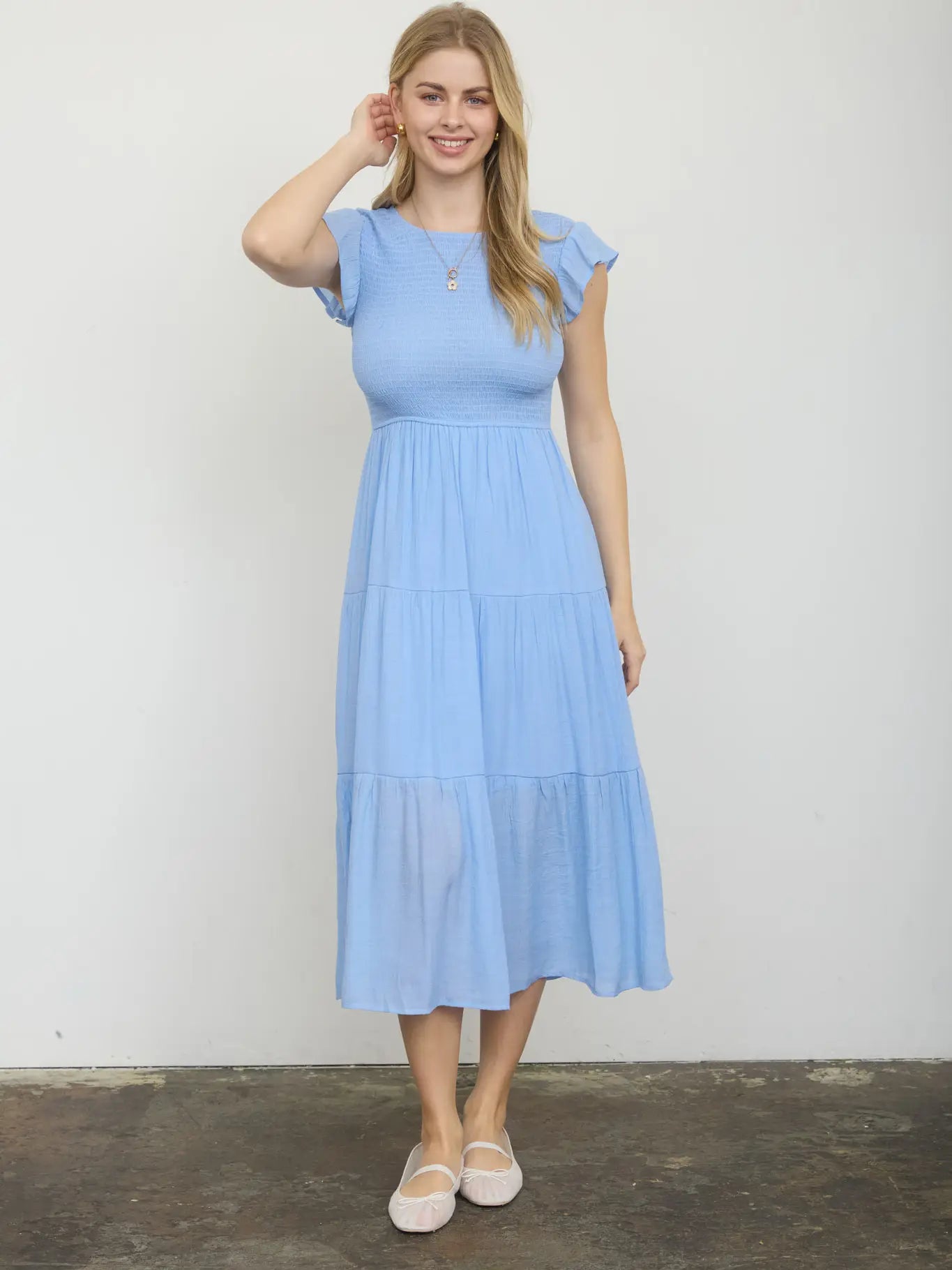 Tiered Smocked Short Sleeve Midi Dress { product_type }}