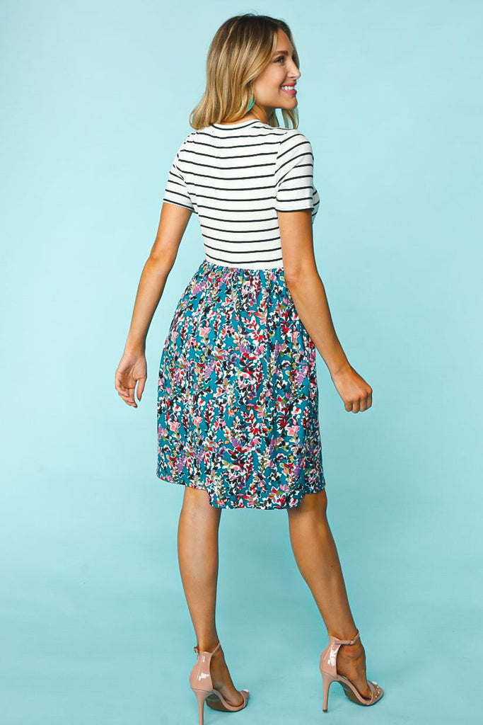 Striped Floral Pattern Dress-Shirts & Tops-Haptics by Holly Harper-Three Birdies Boutique, Women's Fashion Boutique Located in Kearney, MO